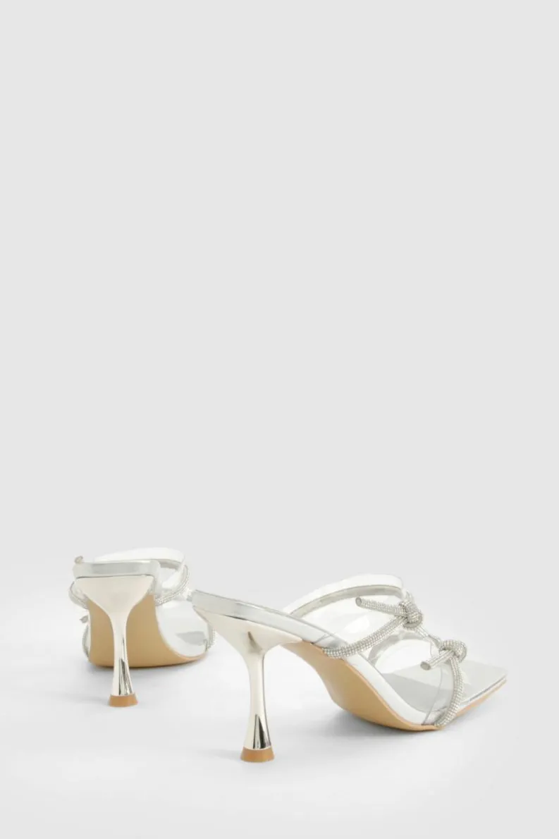 Heels*boohoo Diamante Bow Strappy Flared Heels silver