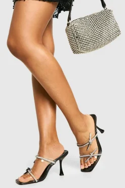 Heels*boohoo Diamante Bow Strappy Flared Heels black
