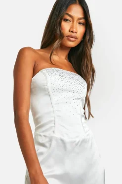 Bodycon Dresses*boohoo Diamante Corset Satin Mini Dress white
