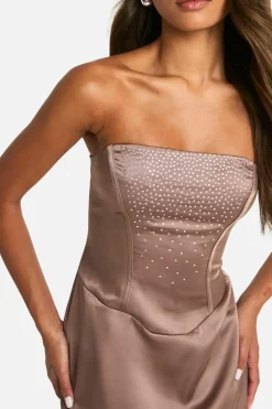 Bodycon Dresses*boohoo Diamante Corset Satin Mini Dress mocha