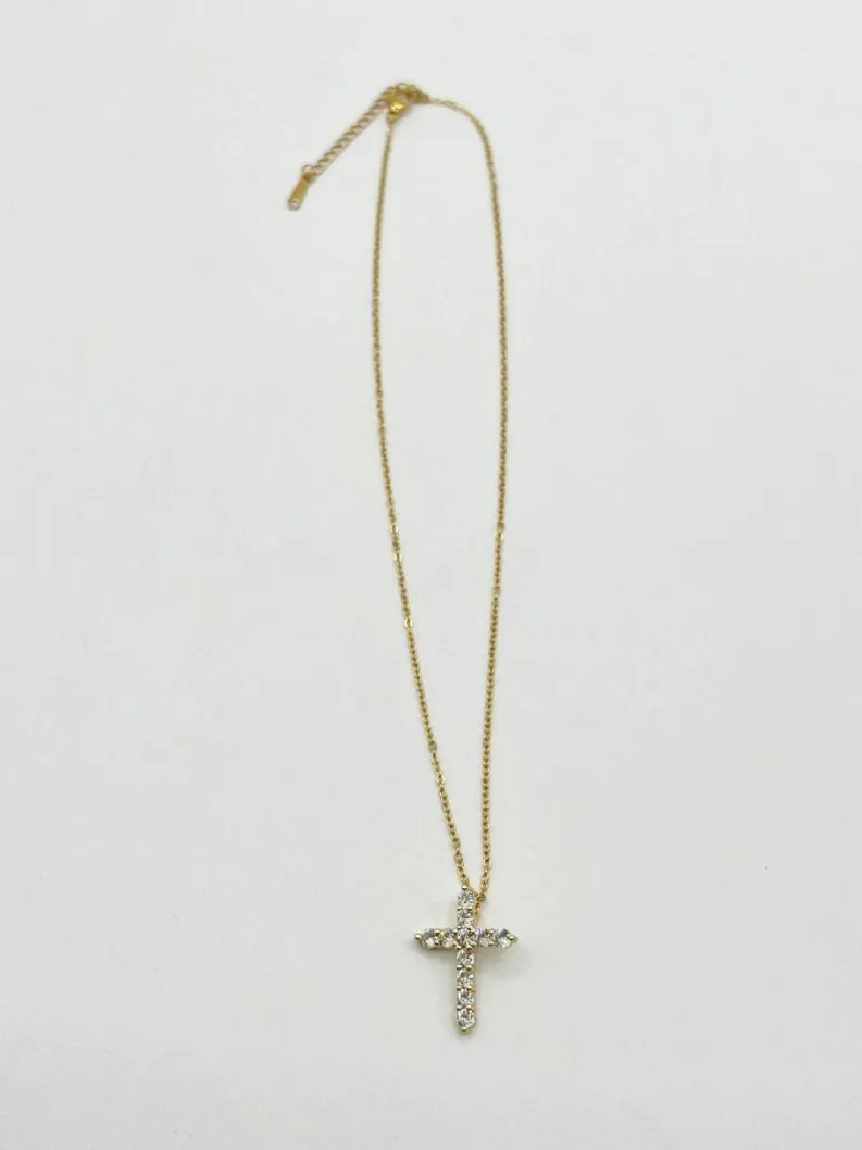 Necklaces*SVNX Diamante Cross Necklace in Gold