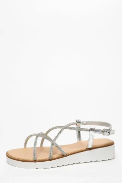 Sandals*Quiz Diamante Cross Strap Flatform Sandals Silver