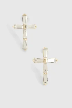 Statement Earrings|Earrings*boohoo Diamante Cross Stud Earrings gold