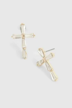 Statement Earrings|Earrings*boohoo Diamante Cross Stud Earrings gold