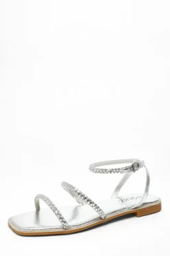 Sandals*Quiz Diamante Double Strap Flat Sandals Silver