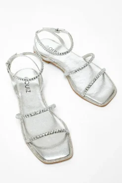 Sandals*Quiz Diamante Double Strap Flat Sandals Silver