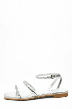 Sandals*Quiz Diamante Double Strap Flat Sandals Silver