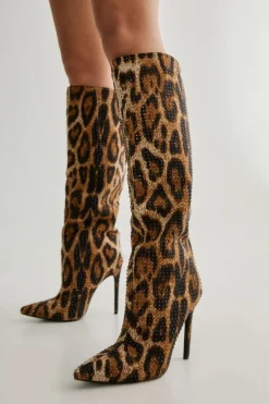 Heeled Boots*NastyGal Diamante Embellished Leopard Print Knee High Heeled Boot tan