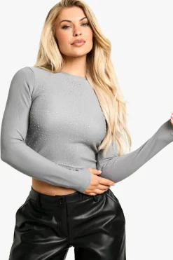 Long Sleeve Tops*boohoo Diamante hotfix long sleeve top charcoal