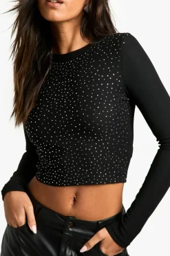 Long Sleeve Tops*boohoo Diamante hotfix long sleeve top black
