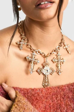 Necklaces*boohoo Diamante Large Cross Statement Necklace gold