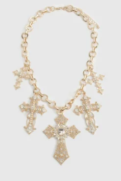 Necklaces*boohoo Diamante Large Cross Statement Necklace gold
