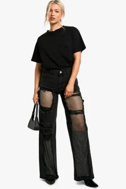 Up To 80% Off Winter Warmers|Denim*boohoo Diamante Mesh Straight Leg Jeans washed black