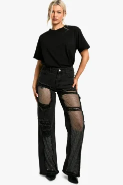 Up To 80% Off Winter Warmers|Denim*boohoo Diamante Mesh Straight Leg Jeans washed black