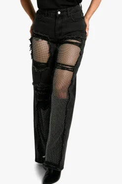 Up To 80% Off Winter Warmers|Denim*boohoo Diamante Mesh Straight Leg Jeans washed black