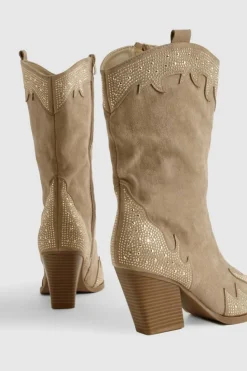 Cowboy Boots|All Boots*boohoo Diamante Studded Western Cowboy Boots taupe