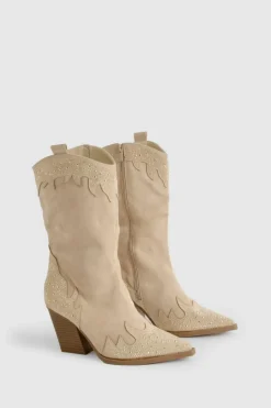 Cowboy Boots|All Boots*boohoo Diamante Studded Western Cowboy Boots beige
