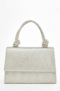Handbags*Quiz Diamante Top Handle Bag Silver