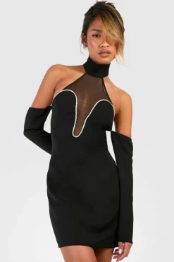 Bodycon Dresses*boohoo Diamante Trim Halterneck Mini Dress black