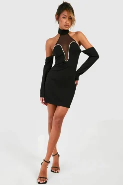 Bodycon Dresses*boohoo Diamante Trim Halterneck Mini Dress black