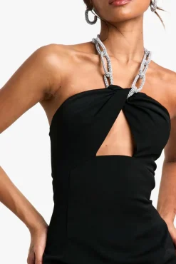 Bodycon Dresses*boohoo Diamante Trim Halterneck Mini Dress black