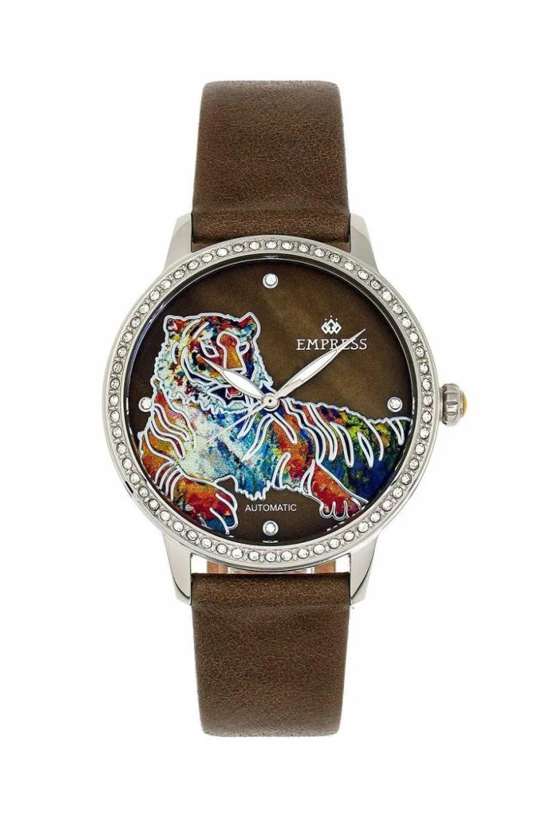 Watches*Empress Diana Automatic Engraved MOP Leather-Band Watch Olive