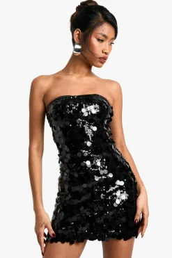 Skater Dresses*boohoo Disc Sequin Bandeau Skater Dress black