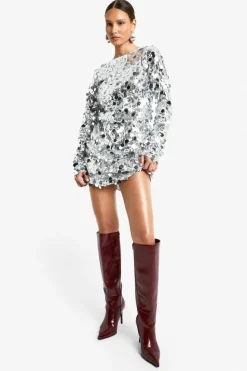Mini Dresses|Long Sleeve Dresses*boohoo Disc Sequin Blouson Shift Dress silver