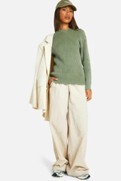 Jumpers*boohoo Distressed Hem Acid Wash Chunky Rib Jumper sage