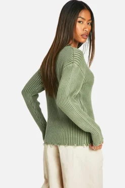 Jumpers*boohoo Distressed Hem Acid Wash Chunky Rib Jumper sage