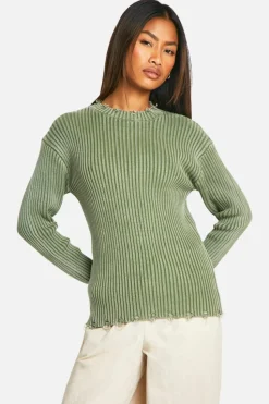Jumpers*boohoo Distressed Hem Acid Wash Chunky Rib Jumper sage
