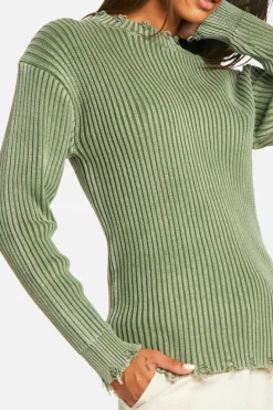 Jumpers*boohoo Distressed Hem Acid Wash Chunky Rib Jumper sage