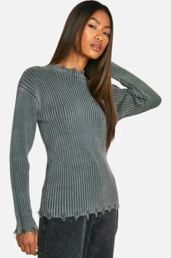 Jumpers*boohoo Distressed Hem Acid Wash Chunky Rib Jumper charcoal