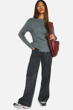 Jumpers*boohoo Distressed Hem Acid Wash Chunky Rib Jumper charcoal