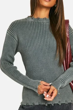 Jumpers*boohoo Distressed Hem Acid Wash Chunky Rib Jumper charcoal