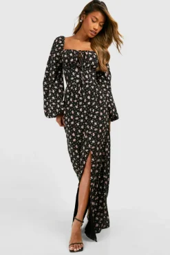 Skater Dresses|Maxi Dresses*boohoo Ditsy Balloon Sleeve Milkmaid Maxi Dress black