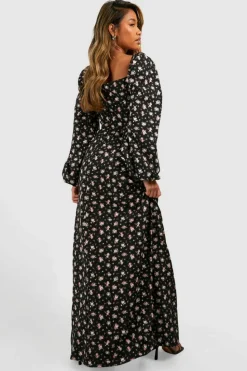 Skater Dresses|Maxi Dresses*boohoo Ditsy Balloon Sleeve Milkmaid Maxi Dress black