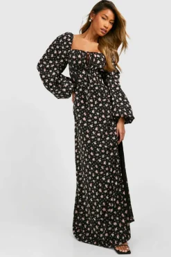 Skater Dresses|Maxi Dresses*boohoo Ditsy Balloon Sleeve Milkmaid Maxi Dress black