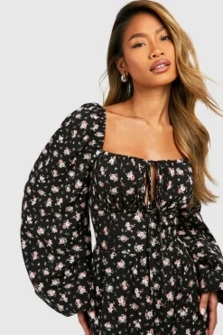 Skater Dresses|Maxi Dresses*boohoo Ditsy Balloon Sleeve Milkmaid Maxi Dress black
