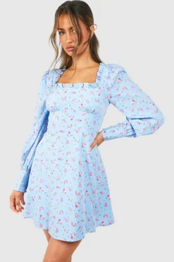 Skater Dresses*boohoo Ditsy Corset Milkmaid Mini Dress blue