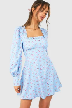 Skater Dresses*boohoo Ditsy Corset Milkmaid Mini Dress blue