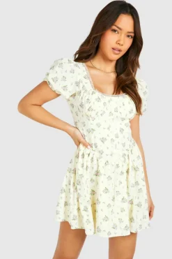 Skater Dresses*boohoo Ditsy Floral Puff Sleeve Milkmaid Mini Dress yellow