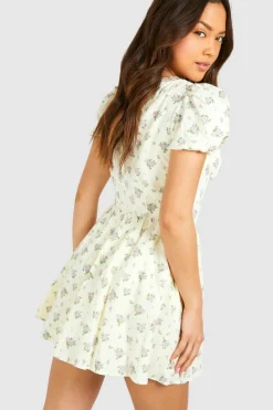 Skater Dresses*boohoo Ditsy Floral Puff Sleeve Milkmaid Mini Dress yellow