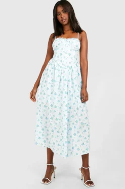 Skater Dresses|Maxi Dresses*boohoo Ditsy Floral Strappy Milkmaid Midaxi Dress blue