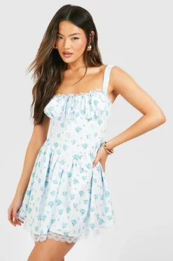 Skater Dresses|Mini Dresses*boohoo Ditsy Floral Strappy Milkmaid Mini Dress blue