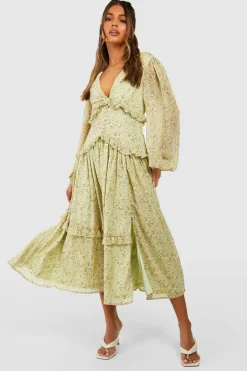 Midi Dresses*boohoo Ditsy Floral Waist Detail Midi Dress pale green