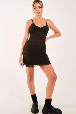 Cami Dresses*Pink Vanilla Ditsy Print Mesh Cami Dress Black