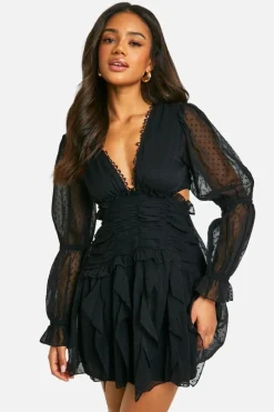 Skater Dresses*boohoo Dobby Ruffle Cut Out Mini Dress black