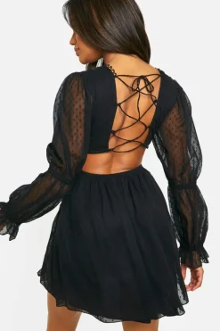Skater Dresses*boohoo Dobby Ruffle Cut Out Mini Dress black