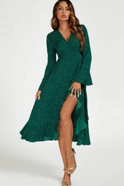 Wrap Dresses|Midi Dresses*FS Collection Dot Print Wave Front Frill Wrap Midi Dress In Green